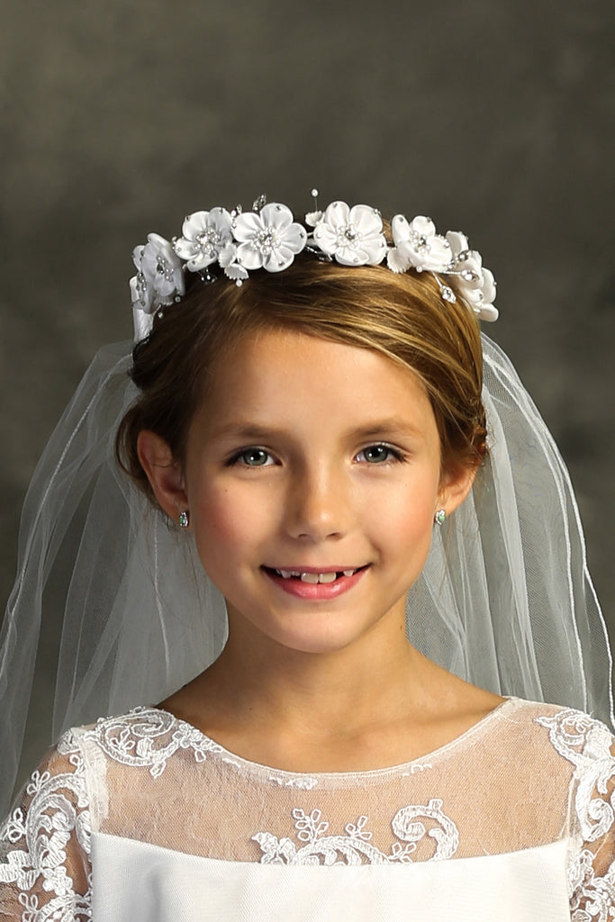 White Flower Pearl Crown Veil First Communion Flower Girl Accessories Style 040