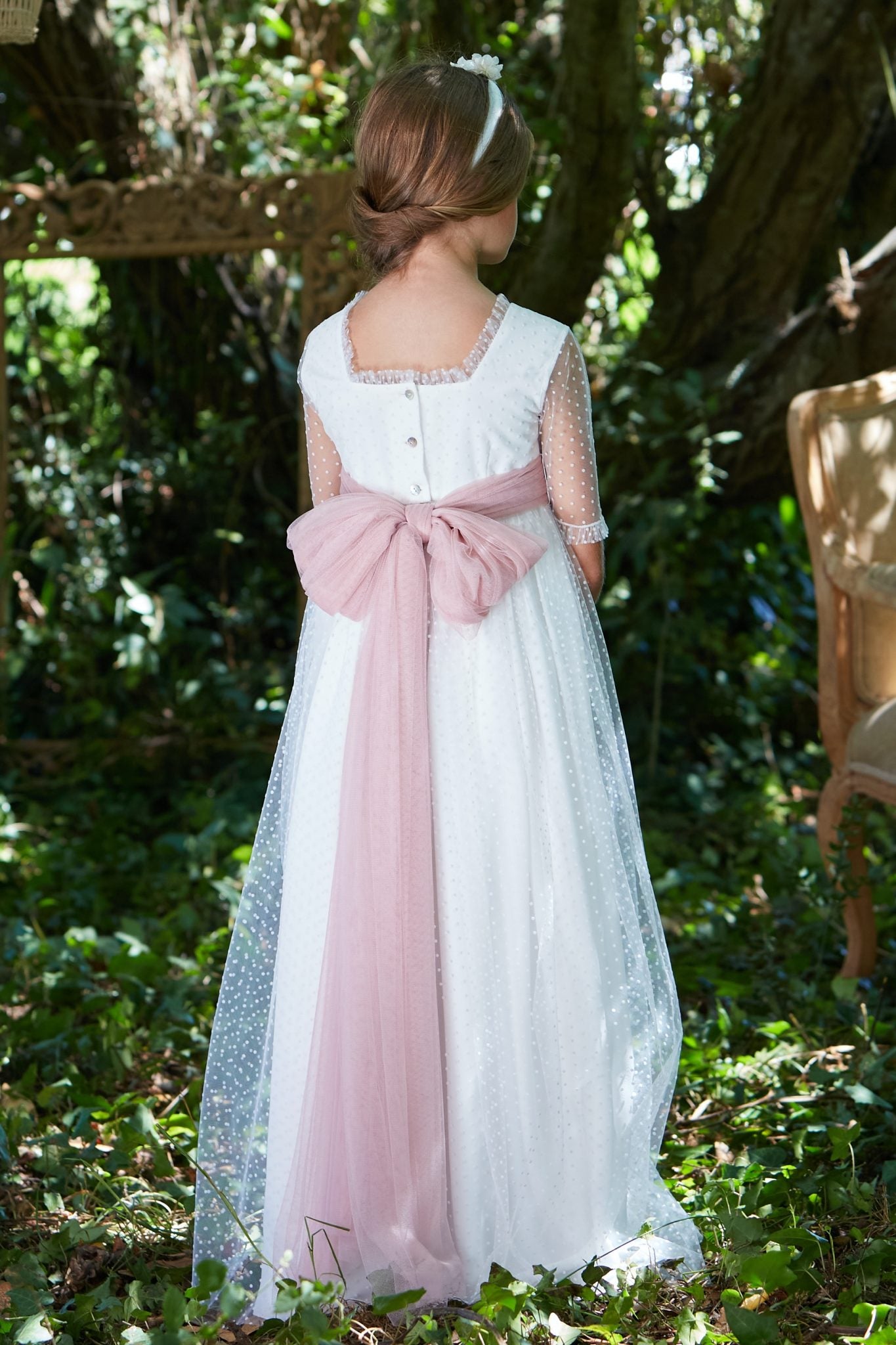 Athenea Polka Tulle Dress with Custom Color Sash Spanish Communion