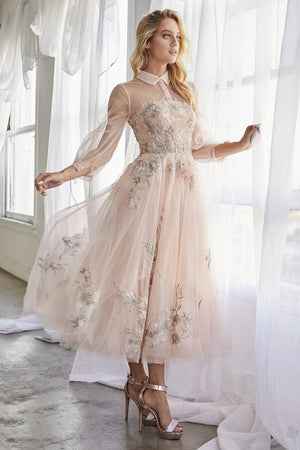 Long Sleeves Embroidered Tulle Tea Length Gown Blush  DUCHESA Andrea & Leo A0862  Blush