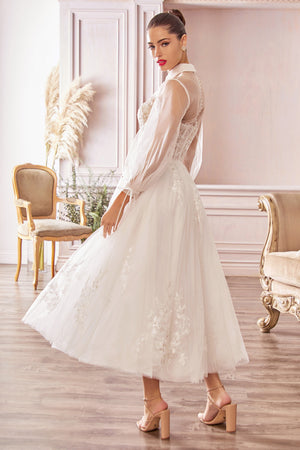 Long Sleeves Embroidered Tulle Tea Length Gown Andrea & Leo A1016