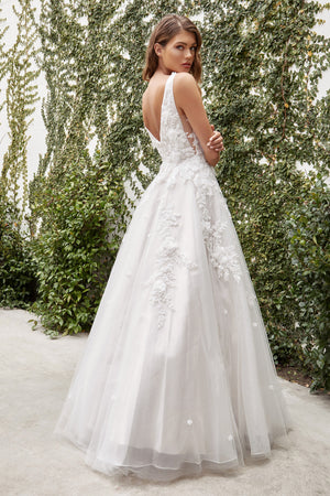 Andrea & Leo Couture A1028W White Illusion  V-neckline A-line Skirt Gardenia Ball Gown