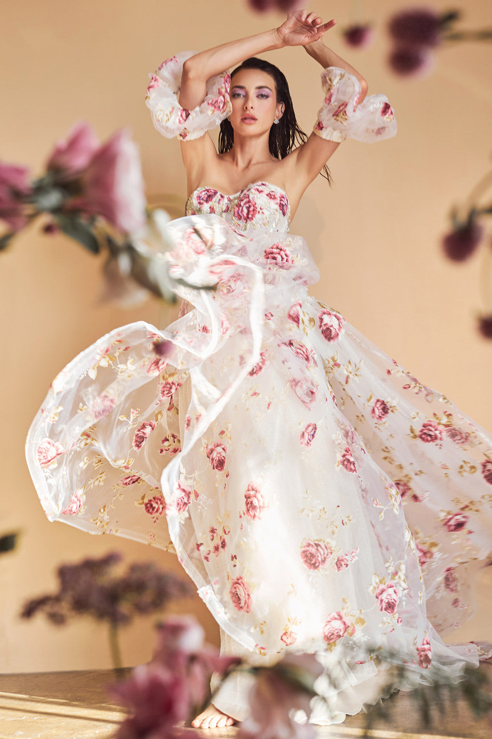 Strapless Organza Peony Gown Andrea & Leo Couture A1133 16 / Floral / White Strapless Organza Peony Gown Andrea & Leo Couture A1133 16 / Floral / White
