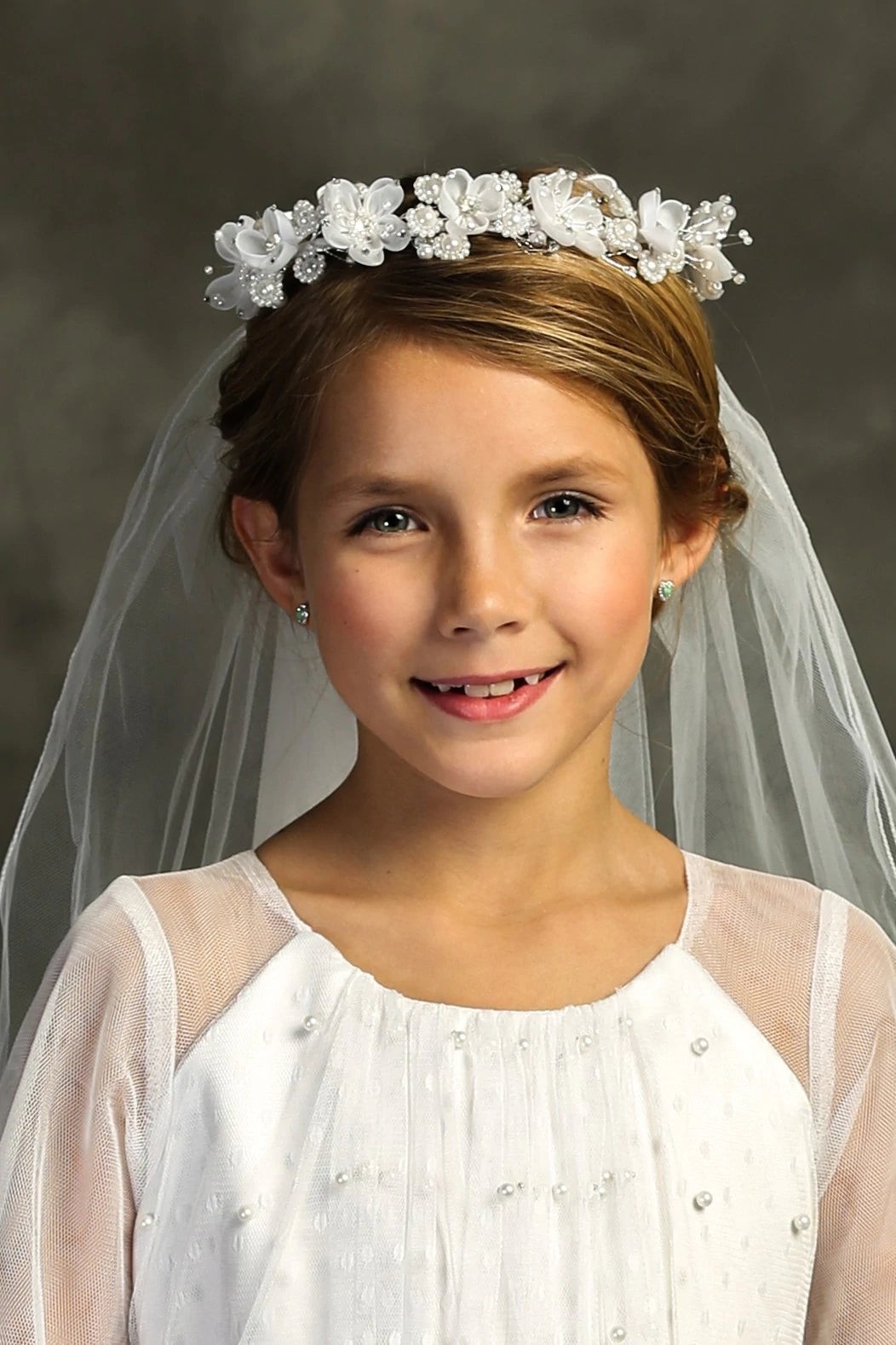 Kidsdreamus White Flower Pearl Crown Veil First Communion Flower Girl Accessories Style 037