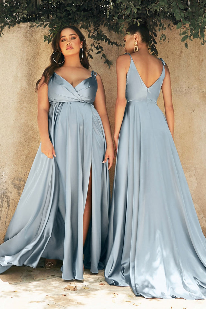 Ladivine CD295 Size 6, 12 Paris Blue Satin Maxi Slit Sheer Point Cryst –  Glass Slipper Formals