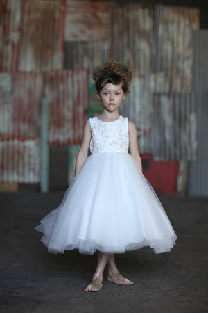 Sumptuous Jacquard Flower Girl, Communion Ball Gown with Tulle Skirt.