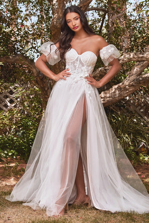 Vestido de novia de tul con mangas desmontables y hombros descubiertos CB080W