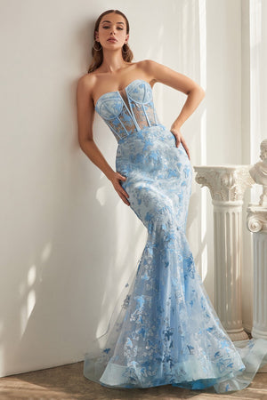 Vestido de sirena con adorno y estampado de mariposas sin tirantes CB099
