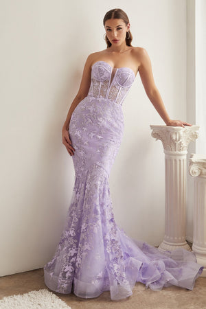 Vestido de sirena con adorno y estampado de mariposas sin tirantes CB099