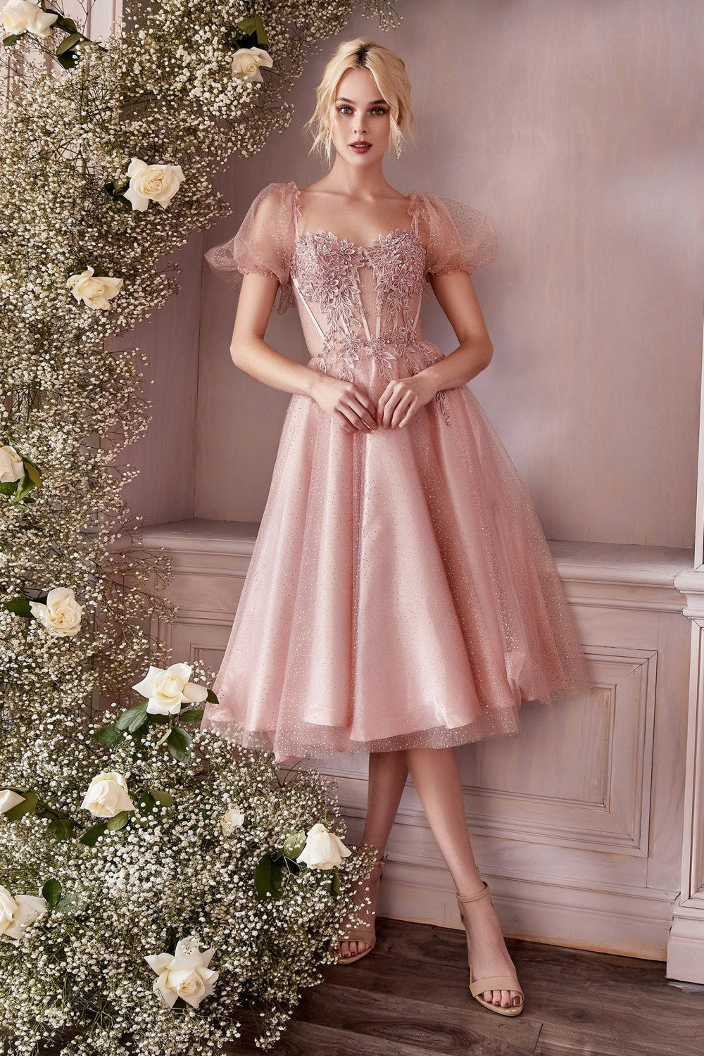 Pink Tea Length Petal Pink Bridesmaid Dresses With 3D Floral Lace