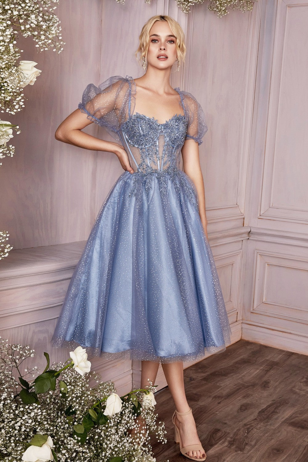 Corset Floral Embellished Sweetheart Neckline Cocktail Dress CD0187 S / SmokyBlue (SteelBlue) Corset Floral Embellished Sweetheart Neckline Cocktail Dress CD0187 S / SmokyBlue (SteelBlue)