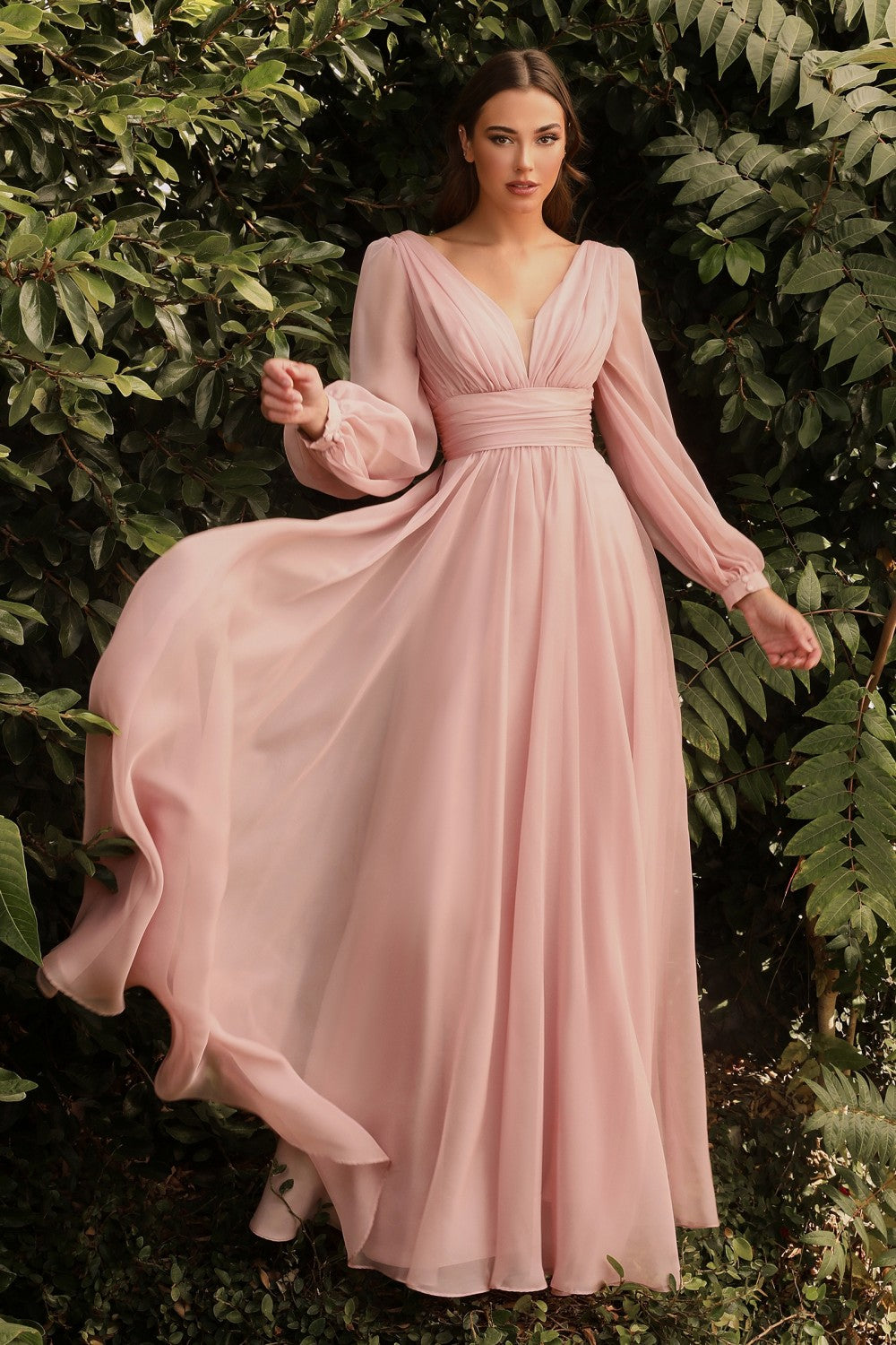 Ladivine - CD0192 Sheer Bishop Sleeve Gown | Long A-Line Dress Ladivine - CD0192 Sheer Bishop Sleeve Gown | Long A-Line Dress