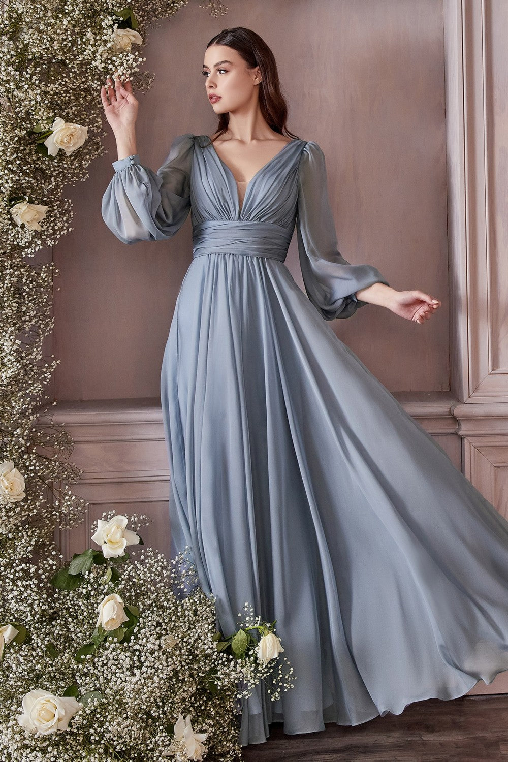 Ladivine - CD0192 Sheer Bishop Sleeve Gown | Long A-Line Dress Ladivine - CD0192 Sheer Bishop Sleeve Gown | Long A-Line Dress