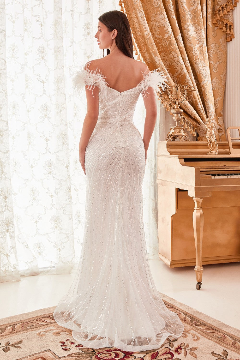 Sequin & Feather Embellishment Off the Shoulder Bridal Gown CD0207W Sparkly Gowns Sequin & Feather Embellishment Off the Shoulder Bridal Gown CD0207W Sparkly Gowns
