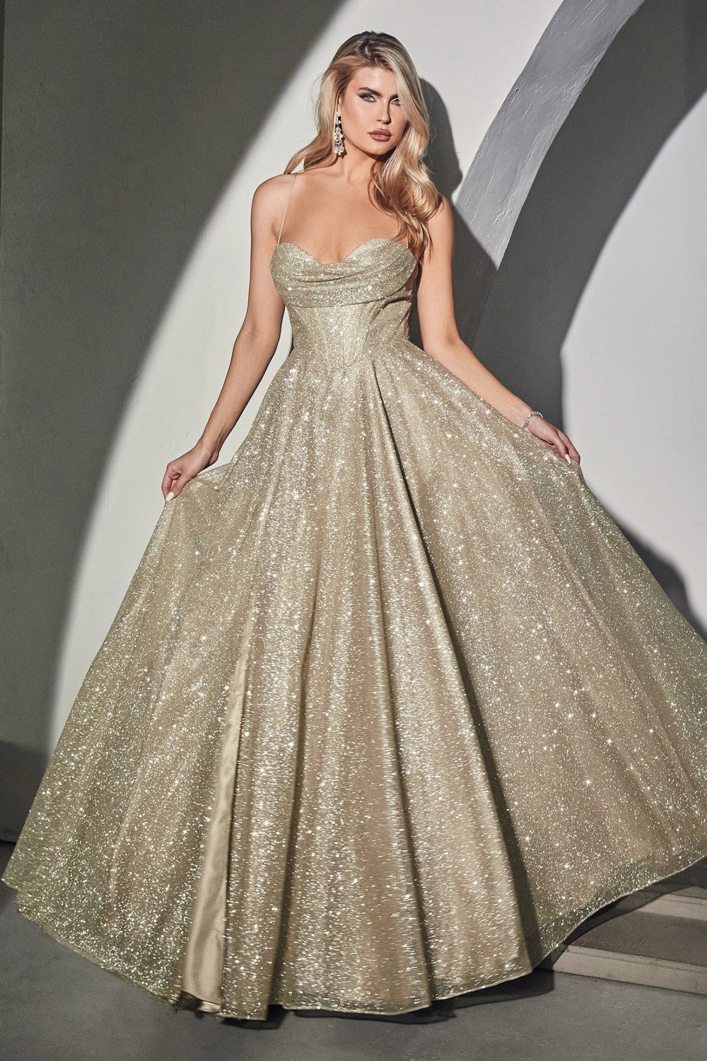 Glitter Cowl Neckline Long A-line Gown CD252 Sparkly Gowns Glitter Cowl Neckline Long A-line Gown CD252 Sparkly Gowns