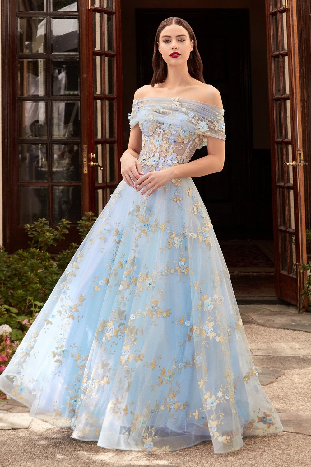 CD CD963 - Glittery Floral Appliquéd A-Line Ball Gown with Sheer Strap –  Diggz Formals