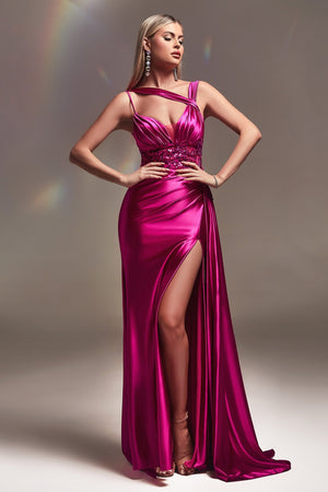 Illusion V-Neckline Satin Prom Gown CDS415