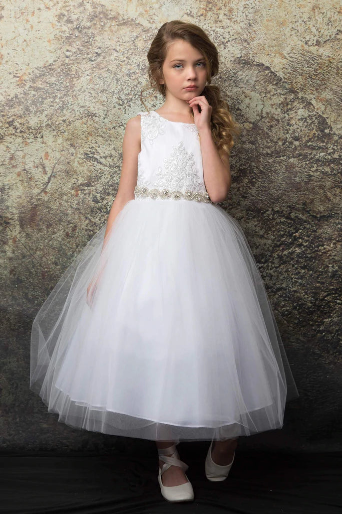 Satin Top Dress with Beaded Applique Tulle Skirt Girl Dress 266IV 4 / Ivory Satin Top Dress with Beaded Applique Tulle Skirt Girl Dress 266IV 4 / Ivory