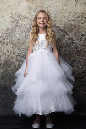 The Lavish Multi-Tiered Tutu Tulle White First Communion Dress 324wh