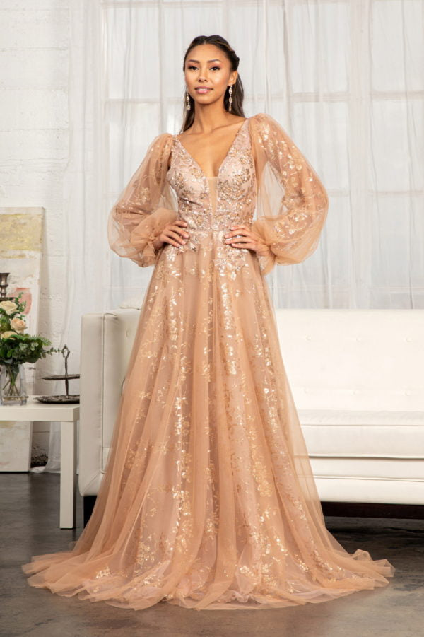 Sequin and Glitter Embellished A-Line Long Dress GL3001