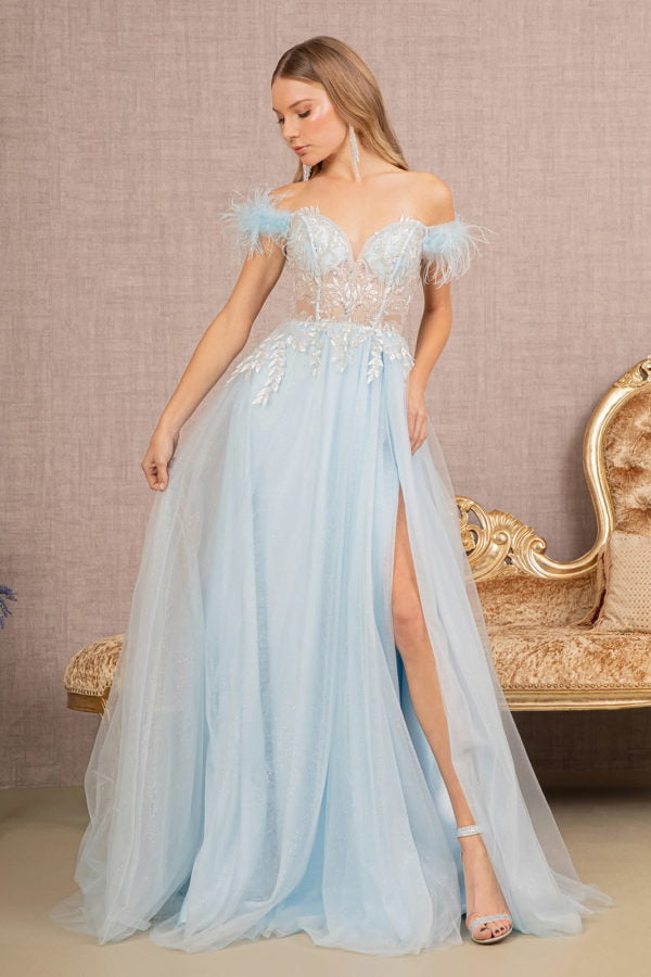 Off Shoulder Feather Slit Gown by GLS Gloria GL3135 2XL / Baby Blue Off Shoulder Feather Slit Gown by GLS Gloria GL3135 2XL / Baby Blue