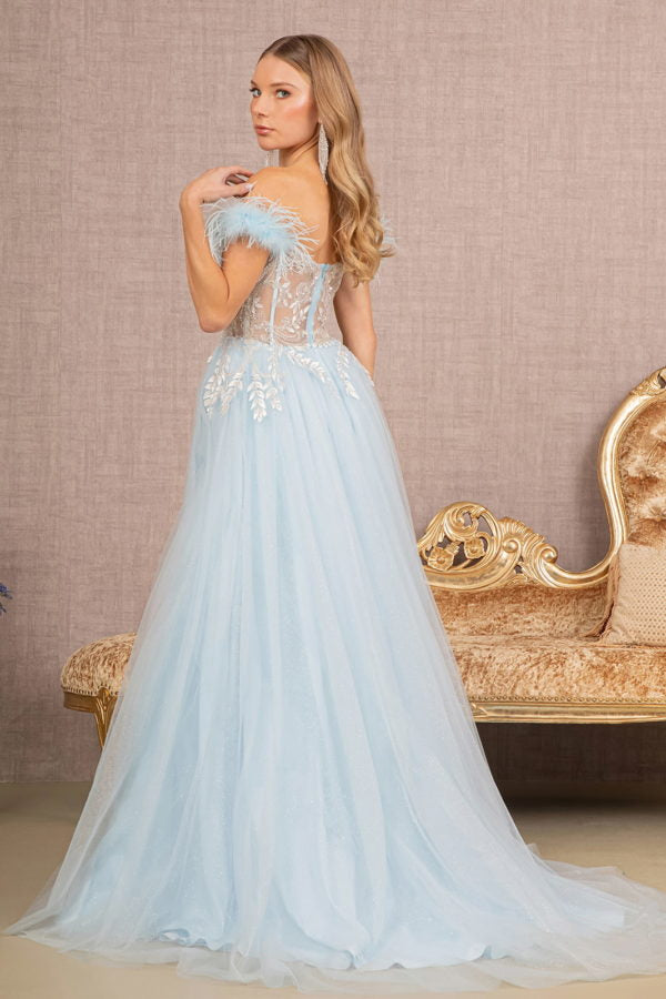 Feather Embellishment Sheer Bodice Glitter A-Line Gown GL3135 Sparkly Gowns Feather Embellishment Sheer Bodice Glitter A-Line Gown GL3135 Sparkly Gowns