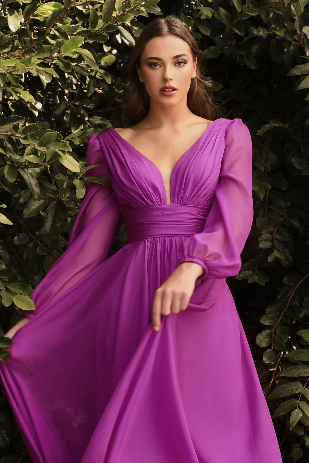 Ladivine - CD0192 Sheer Bishop Sleeve Gown | Long A-Line Dress Ladivine - CD0192 Sheer Bishop Sleeve Gown | Long A-Line Dress