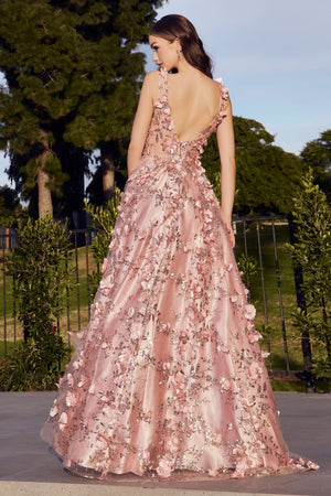 Plunging Neckline Floral Appliques Ball Gown J838