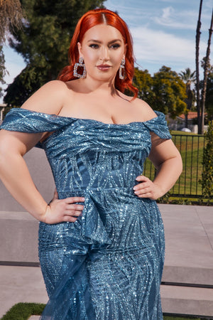 Off the Shoulder Glitter Printed Gown J849