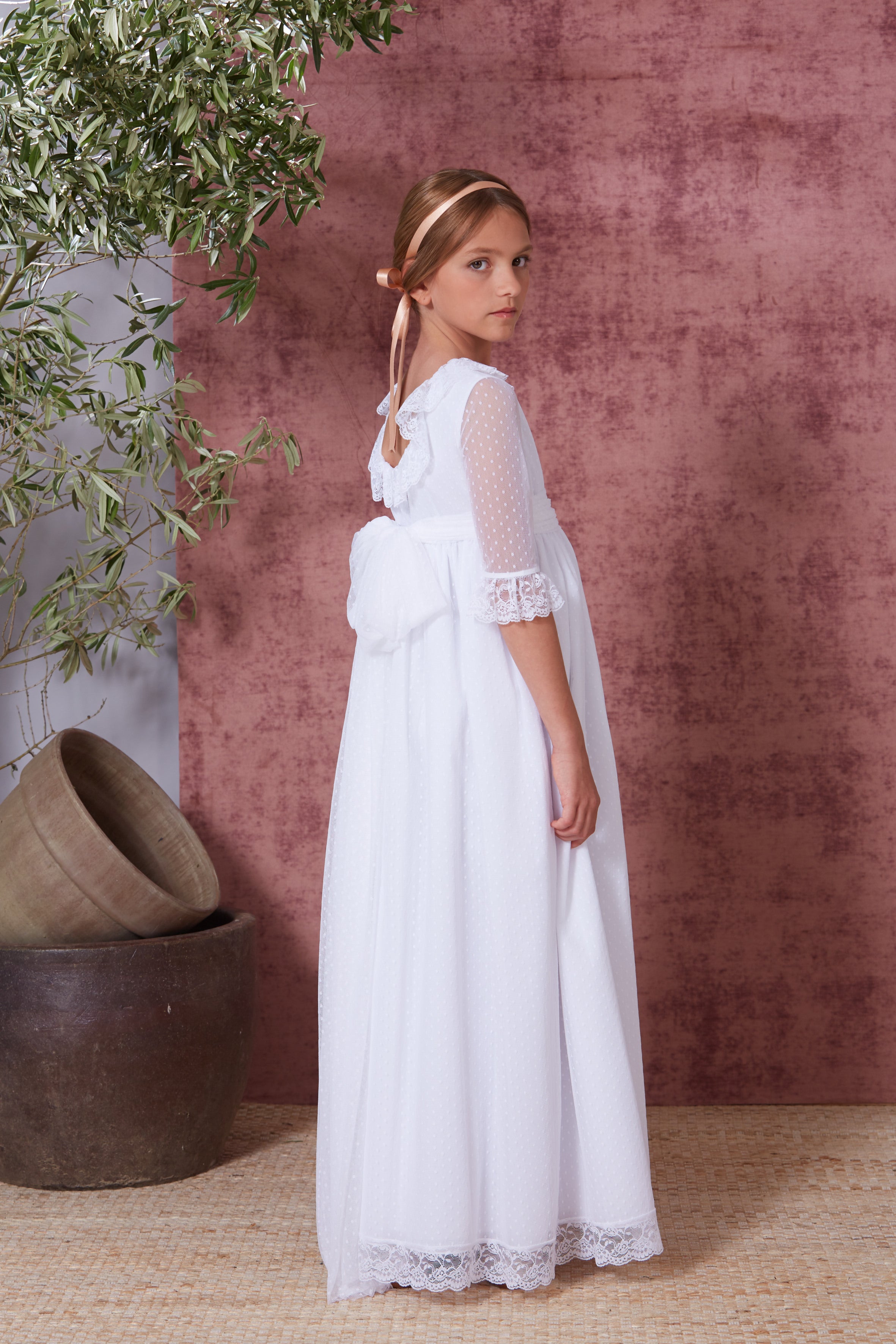 French Sleeves Dotted tulle Custom Sizing Constanza Spanish Communion Gown by Flor de C