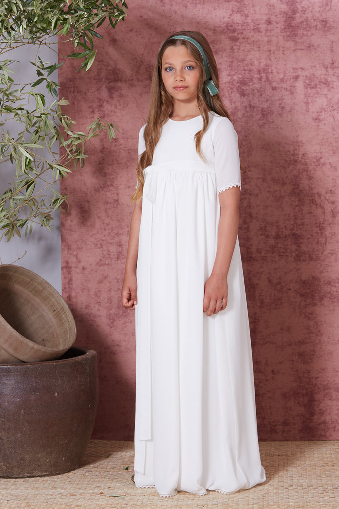 Minimalist Classic  Style Custom Sizing  Crepe Uma  Spanish Communion Gown by Flor de C