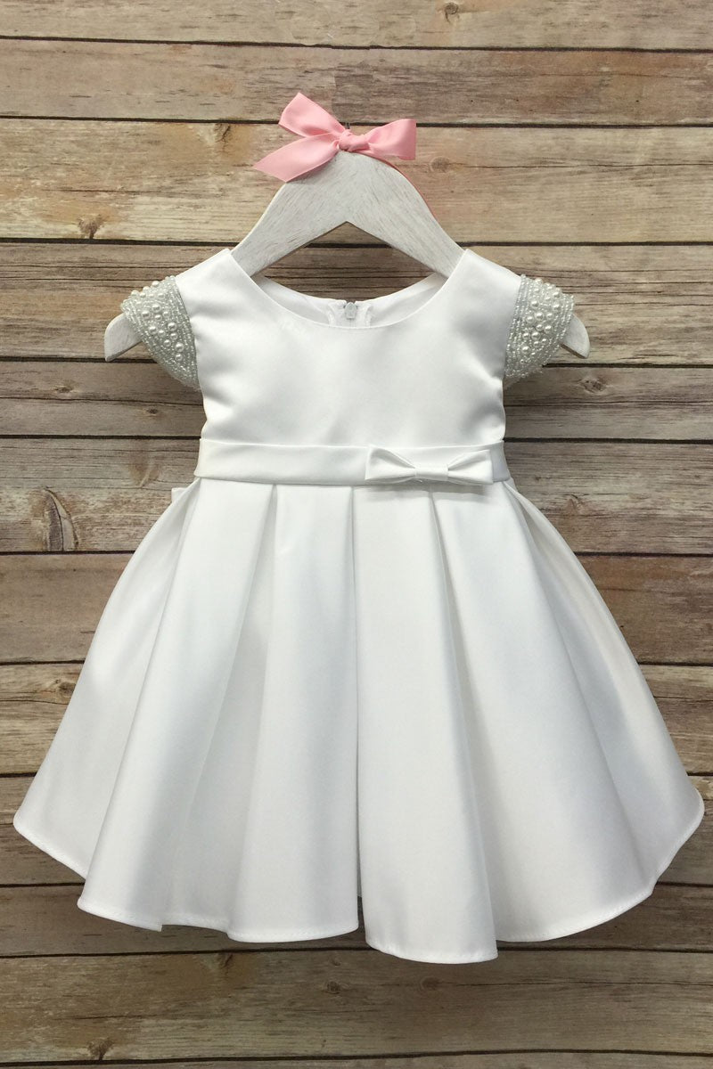 Satin Dress Beaded Short Sleeves Baby Dress 18 Months / White Satin Dress Beaded Short Sleeves Baby Dress 18 Months / White