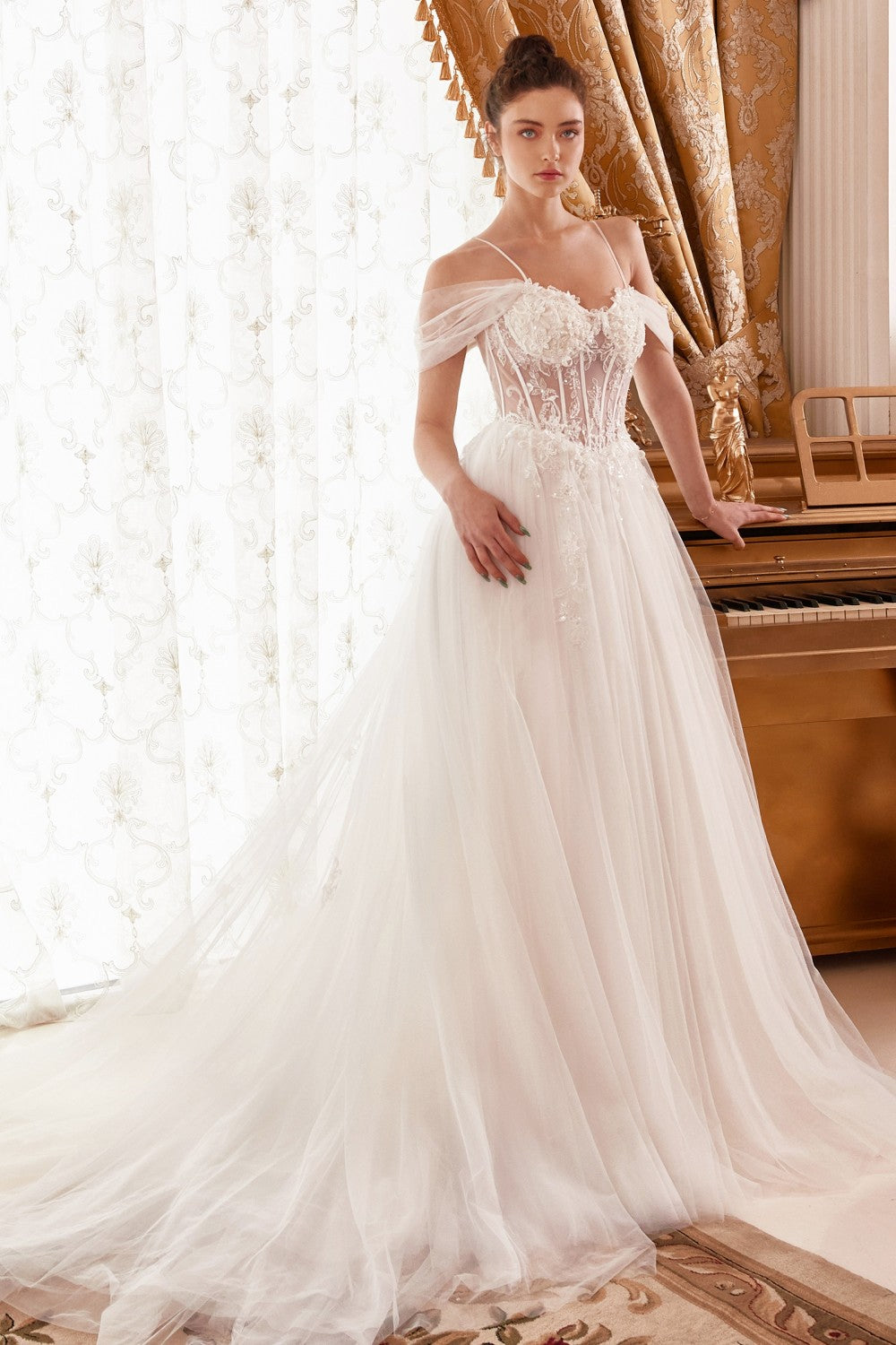 Cold Shoulder Floral Layered Tulle A-Line Bridal Gown WN307 Sparkly Gowns Cold Shoulder Floral Layered Tulle A-Line Bridal Gown WN307 Sparkly Gowns