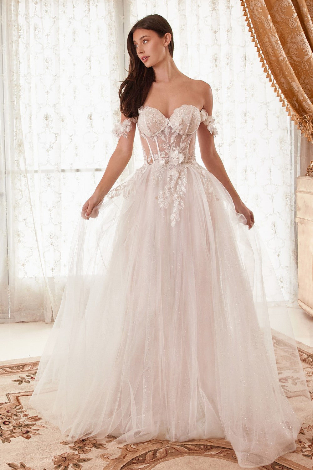 Women's Off Shoulder Wedding Dress With Tulle Skirt - A-Line Bridal Gown With Lace Detail